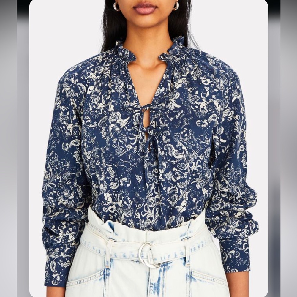 Intermix Madeline Floral Paisley Tie Front Woven Blouse Size XS Navy/Cream